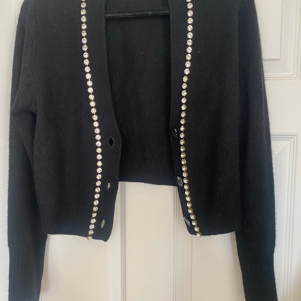 V Neck Cardigan with Rhinestone Trim
